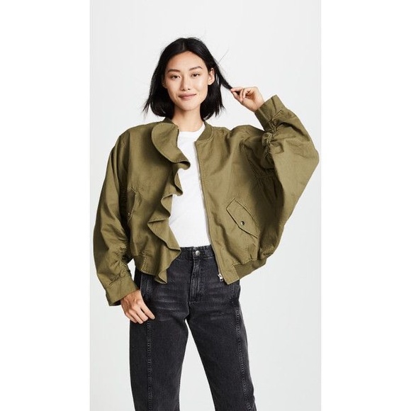 J.O.A. Anthropologie Ruffle Trim Oversized Bomber Jacket in Olive Green - M - Picture 1 of 8